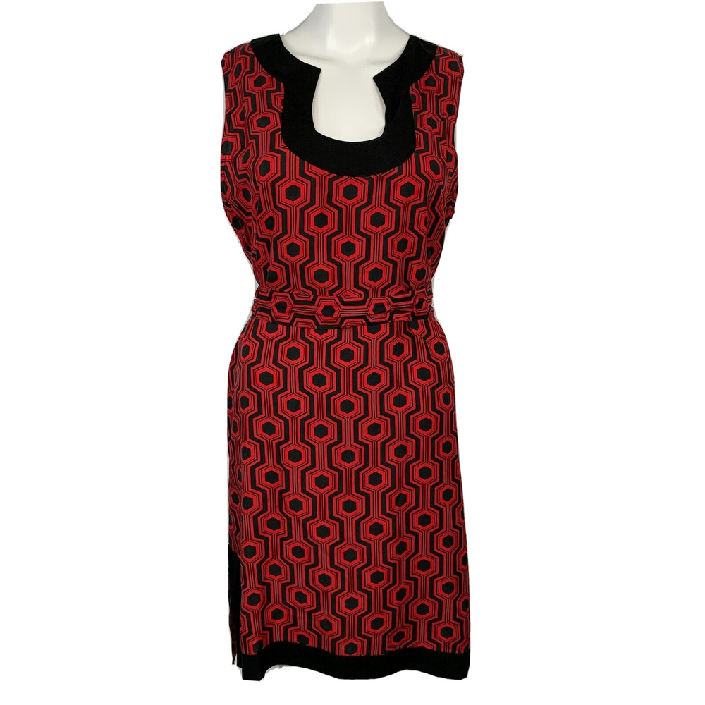 NWT Escapada‎ Dress Womens Sz S Red Black Printed Deep Scoop Neck Belted